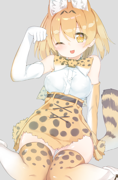 Anime picture 1000x1521 with kemono friends serval (kemono friends) kamioka shun'ya single tall image short hair breasts light erotic blonde hair simple background sitting bare shoulders animal ears yellow eyes tail animal tail one eye closed wink grey background wariza