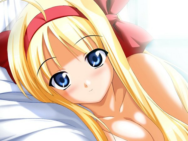 Anime picture 1024x768 with anonono komiya momiji blue eyes blonde hair game cg ahoge girl ribbon (ribbons) hair ribbon