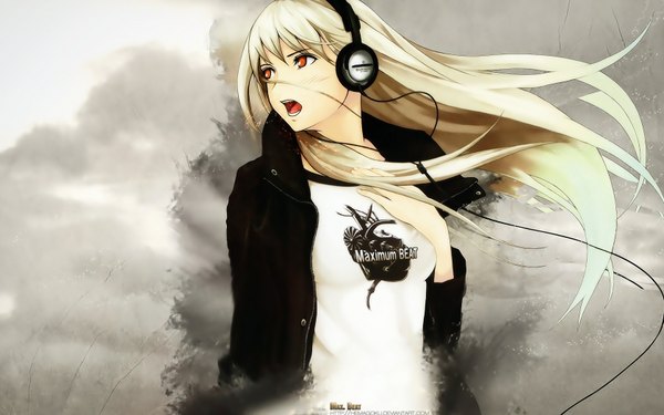 Anime picture 1680x1050 with original hemagoku (artist) single long hair open mouth blonde hair red eyes wide image looking away grey background open clothes open jacket teeth watermark girl headphones t-shirt cable