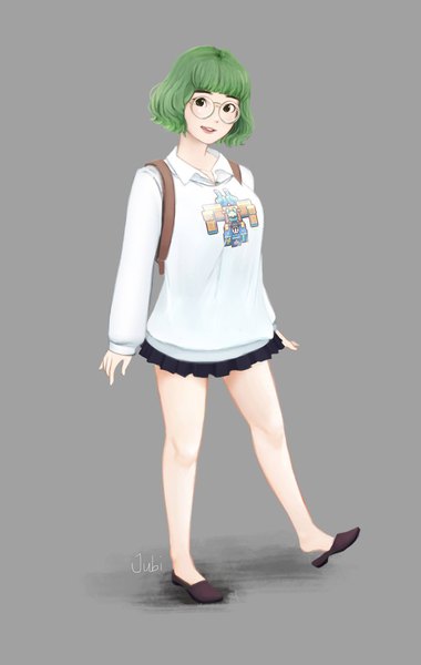 Anime picture 1299x2048 with original momo (jubi) jubi (regiana) single tall image looking at viewer fringe short hair open mouth simple background standing green eyes signed full body blunt bangs long sleeves green hair realistic grey background bare legs