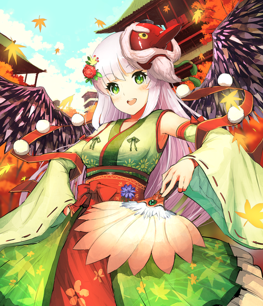 Anime picture 1700x1980 with original jean popo single long hair tall image looking at viewer blush open mouth green eyes white hair traditional clothes hair flower mask on head girl hair ornament flower (flowers) detached sleeves wings leaf (leaves) mask