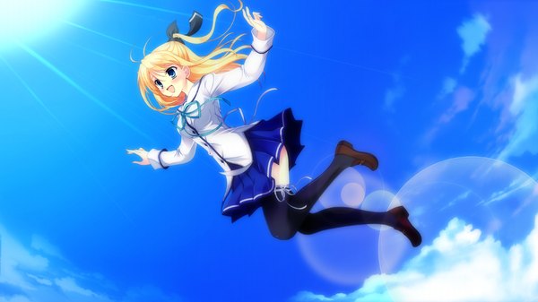 Anime picture 1024x576 with da capo iii long hair blush open mouth blue eyes blonde hair wide image game cg girl thighhighs skirt uniform ribbon (ribbons) black thighhighs hair ribbon school uniform miniskirt