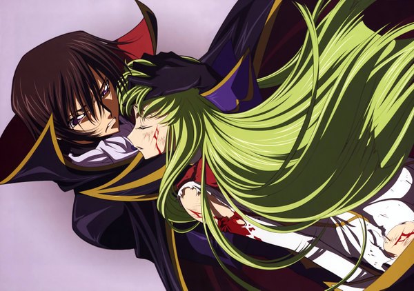 Anime picture 5783x4073 with code geass sunrise (studio) c.c. lelouch lamperouge zero (code geass) long hair fringe highres short hair standing purple eyes eyes closed parted lips green hair couple hand on head vector girl boy uniform