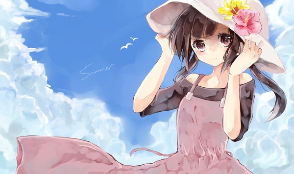 Anime picture 2149x1281 with kagerou project shaft (studio) asahina hiyori naoton single long hair blush fringe highres black hair wide image purple eyes twintails holding sky cloud (clouds) wind girl dress flower (flowers)
