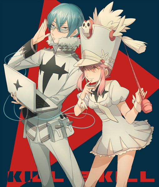 Anime picture 800x942 with kill la kill studio trigger jakuzure nonon inumuta houka asuda (artist) tall image looking at viewer short hair blue eyes payot blue hair looking away pink hair pink eyes finger to mouth girl boy uniform school uniform hat