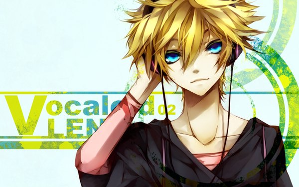 Anime picture 1440x900 with vocaloid kagamine len matsunaka hiro short hair blue eyes blonde hair smile wide image boy headphones wire (wires)