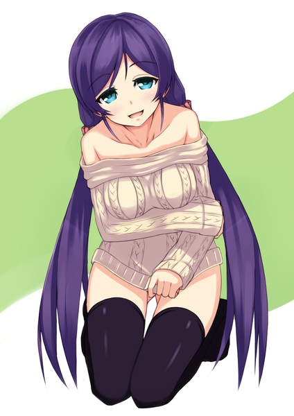 Anime picture 1000x1414 with love live! school idol project sunrise (studio) love live! toujou nozomi ponkotsu (ayarosu) single long hair tall image looking at viewer blush open mouth blue eyes bare shoulders blue hair girl thighhighs black thighhighs sweater
