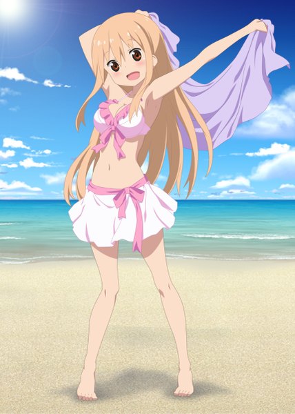 Anime picture 857x1200 with himouto! umaru-chan doga kobo doma umaru smile (rz) single long hair tall image looking at viewer blush open mouth light erotic blonde hair brown eyes sky cloud (clouds) girl navel swimsuit bikini sea