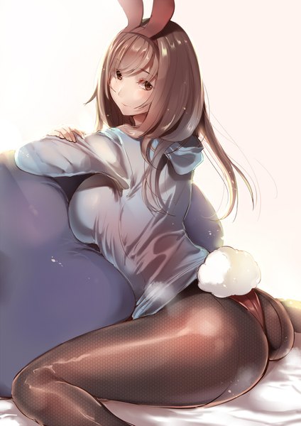 Anime picture 1060x1500 with original amane ruri single long hair tall image looking at viewer blush fringe breasts light erotic simple background brown hair large breasts sitting brown eyes animal ears ass tail animal tail bunny ears