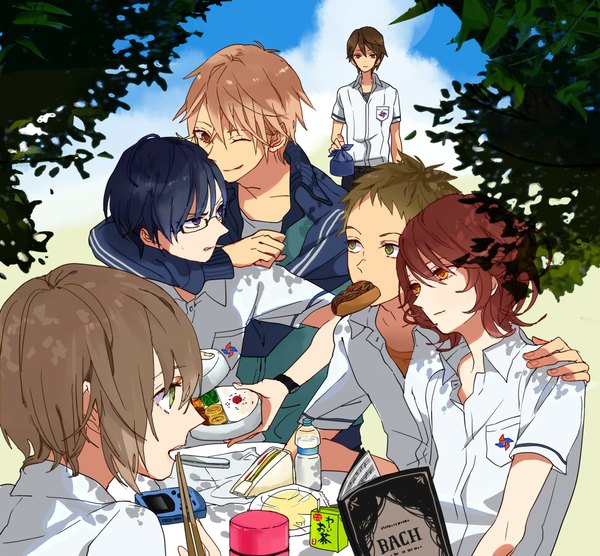 Anime picture 1950x1809 with another p.a. works sakakibara kouichi kazami tomohiko mochizuki yuuya teshigawara naoya ouji makoto saruta noboru highres short hair open mouth black hair blonde hair smile red eyes brown hair purple eyes green eyes red hair one eye closed