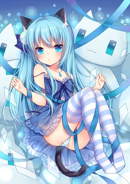 Anime picture 700x989 with original nekoha shizuku nachi single long hair tall image looking at viewer blush fringe light erotic animal ears blue hair bent knee (knees) tail animal tail cat ears :o cat tail pantyshot no shoes