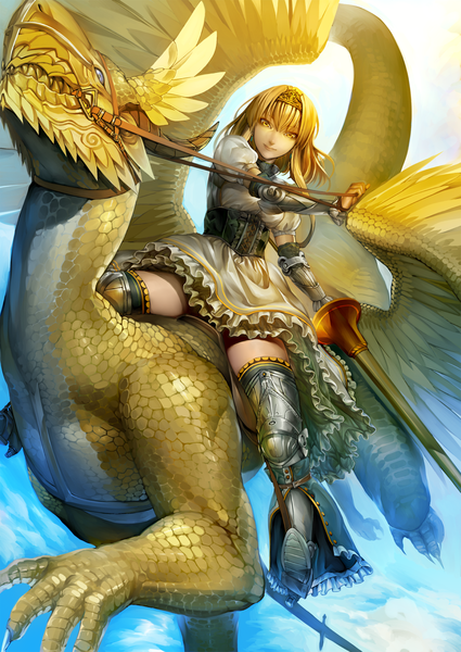 Anime picture 930x1314 with original ant of spirit single long hair tall image looking at viewer fringe blonde hair holding yellow eyes flying riding girl dress gloves weapon boots hairband armor thigh boots