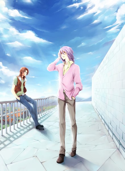 Anime picture 1075x1466 with mobile suit gundam mobile suit gundam 00 sunrise (studio) tieria erde lockon stratos neil dylandy zaphylla tall image short hair red eyes brown hair sitting sky purple hair multiple boys grey eyes open collar hand in pocket hands in pockets boy