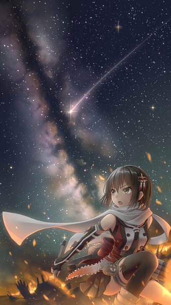 Anime-Bild 675x1200 mit kantai collection sendai light cruiser morigami (morigami no yashiro) single tall image fringe short hair open mouth hair between eyes brown hair holding brown eyes looking away sky outdoors pleated skirt night sparkle two side up night sky