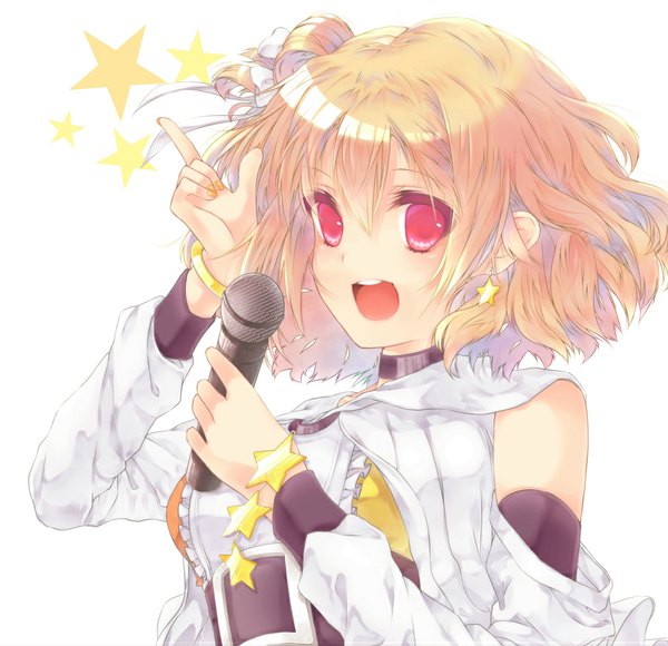 Anime picture 1024x990 with yasiromann single short hair open mouth blonde hair red eyes white background girl dress bow hair bow detached sleeves earrings bracelet star (symbol) microphone
