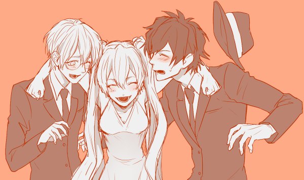 Anime picture 1200x713 with kekkai sensen studio bones leonardo watch white (kekkai sensen) zetsubouou kuwa ayase long hair blush fringe short hair open mouth simple background hair between eyes wide image twintails eyes closed profile one eye closed multiple boys hug