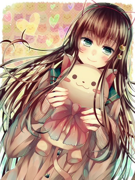 Anime picture 1000x1336 with original abandon ranka single long hair tall image looking at viewer blush blue eyes black hair smile girl bow ribbon (ribbons) hair ribbon toy stuffed animal