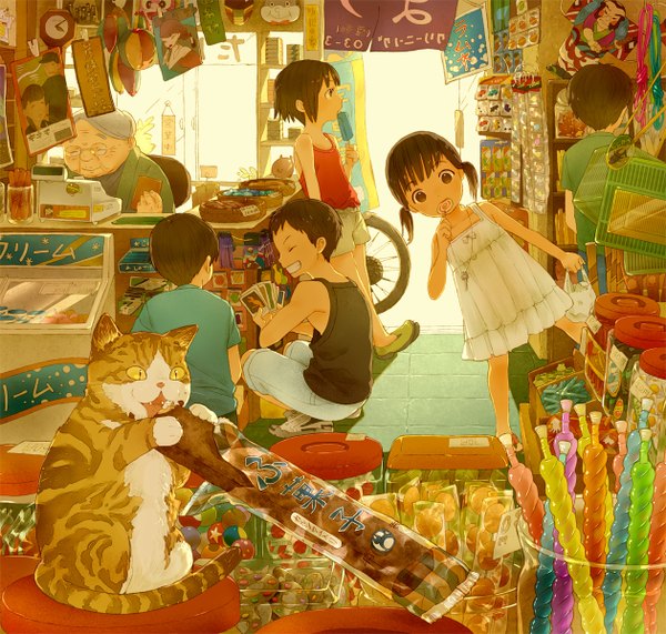 Anime picture 1260x1200 with original ame (conronca) smile brown hair twintails brown eyes group detailed dress glasses food shorts sweets cat ice cream candy child (children) lollipop shop
