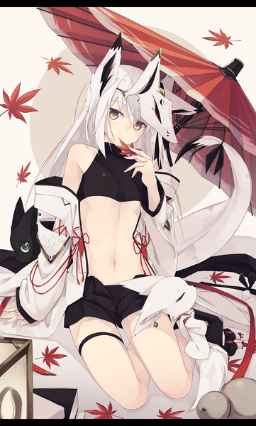 Anime picture 1020x1695 with original nagishiro mito single long hair tall image looking at viewer fringe light erotic hair between eyes sitting bare shoulders holding animal ears yellow eyes white hair tail animal tail light smile fox ears fox tail
