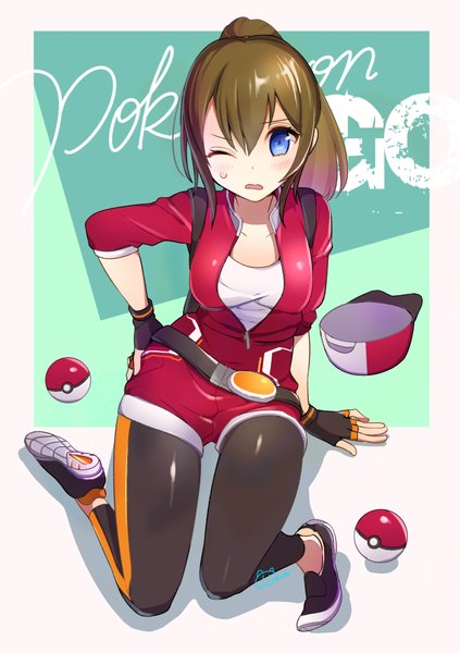 Anime picture 705x1000 with pokemon pokemon (game) pokemon go nintendo female protagonist (pokemon go) omucchan (omutyuan) single long hair tall image blush fringe open mouth blue eyes hair between eyes brown hair signed full body ponytail one eye closed arm support