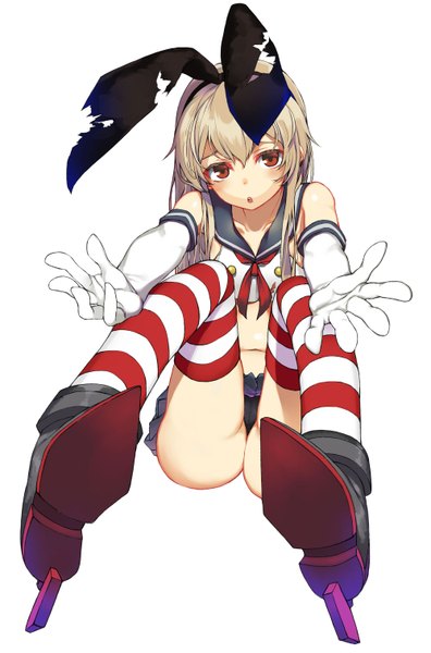 Anime picture 1000x1515 with kantai collection shimakaze destroyer yuukyuu ponzu single long hair tall image looking at viewer light erotic simple background blonde hair red eyes white background sitting full body ass zettai ryouiki legs torn clothes girl thighhighs
