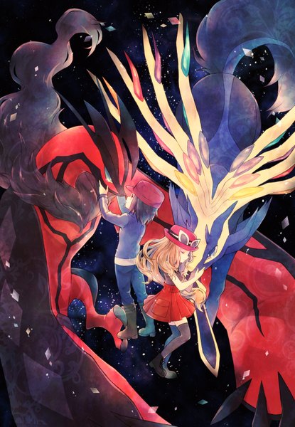 Anime picture 1090x1575 with pokemon pokemon xy nintendo serena (pokemon) calme (pokemon) xerneas yveltal kabocha torute long hair tall image short hair black hair blonde hair eyes closed profile space gen 6 pokemon girl thighhighs boy