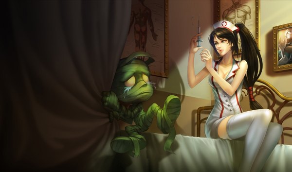 Anime picture 1215x717 with league of legends akali (league of legends) amumu (league of legends) shen (league of legends) long hair highres black hair wide image sitting green eyes absurdres ponytail tears nurse girl thighhighs white thighhighs bed bandage (bandages) picture