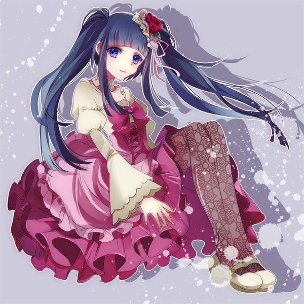 Anime picture 1111x1111 with umineko no naku koro ni furudo erika hoe satsuki (artist) single long hair looking at viewer blush light erotic black hair simple background sitting purple eyes twintails hair flower grey background shadow girl dress hair ornament bow