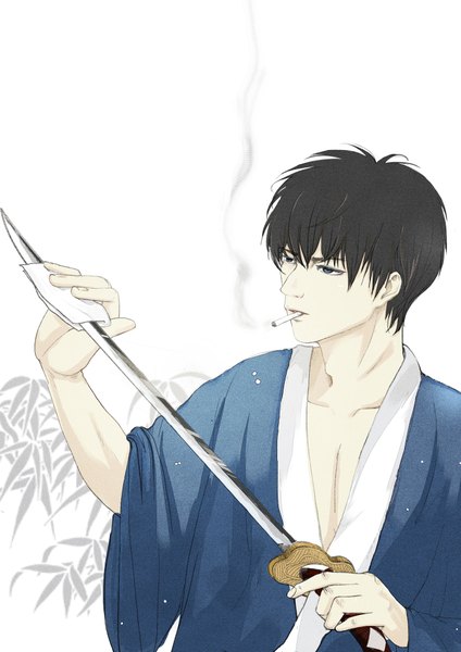 Anime picture 1370x1938 with gintama sunrise (studio) hijikata toshiro single tall image short hair blue eyes black hair looking away traditional clothes smoking boy weapon sword katana