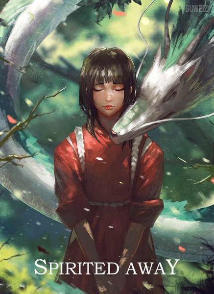 Anime picture 900x1235 with spirited away studio ghibli haku (spirited away) ogino chihiro guweiz long hair tall image fringe brown hair standing signed outdoors eyes closed traditional clothes japanese clothes wind lips realistic copyright name lipstick