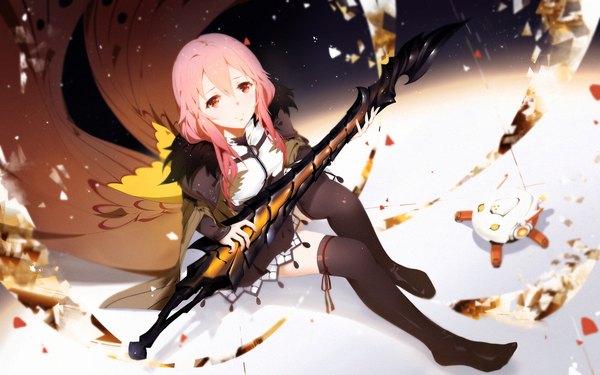 Anime picture 1920x1200 with guilty crown production i.g yuzuriha inori yijian ma single long hair looking at viewer fringe highres hair between eyes red eyes sitting pink hair full body from above girl thighhighs dress weapon black thighhighs