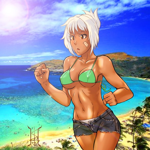 Anime picture 1200x1200 with league of legends riven (league of legends) tagme (artist) short hair light erotic brown eyes white hair beach dark skin summer open shorts bandaid on face navel swimsuit shorts sea bandaid