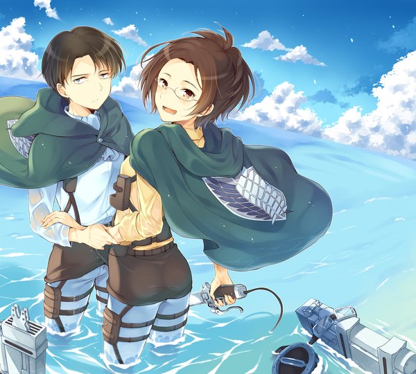 Anime picture 1000x900 with shingeki no kyojin production i.g levi (rivaille) hange zoe komi zumiko looking at viewer blush short hair open mouth blue eyes black hair smile brown hair holding sky cloud (clouds) ponytail looking back wet couple