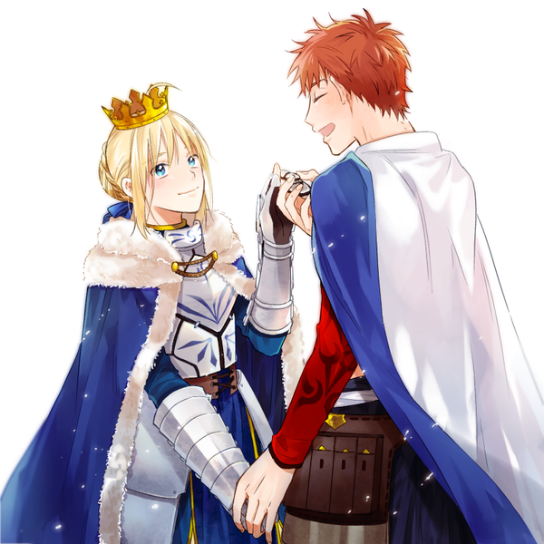 Anime picture 800x800 with fate (series) fate/grand order fate/stay night artoria pendragon (all) saber emiya shirou nitta matsuko long hair blush short hair open mouth blue eyes simple background blonde hair smile brown hair standing white background payot looking away