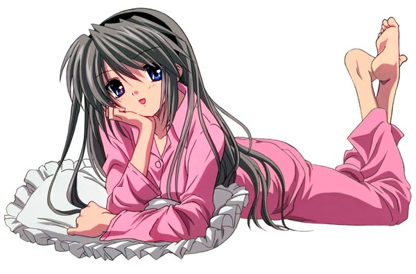 Anime picture 3250x2141 with clannad key (studio) sakagami tomoyo single long hair looking at viewer blush fringe highres open mouth blue eyes simple background smile white background full body bent knee (knees) lying head tilt :d barefoot