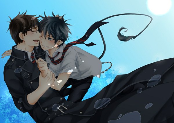 Anime picture 1075x760 with ao no exorcist a-1 pictures okumura rin okumura yukio short hair blue eyes black hair smile brown hair tail eyes closed multiple boys hug holding hands happy blue background demon tail face to face siblings twisty sleeves