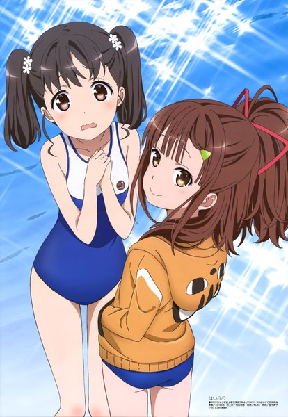 Anime picture 4089x5926 with high school fleet hai-furi haifuri megami magazine irizaki mei shiretoko rin yamakawa kouji long hair tall image looking at viewer blush highres open mouth black hair smile brown hair twintails multiple girls brown eyes absurdres