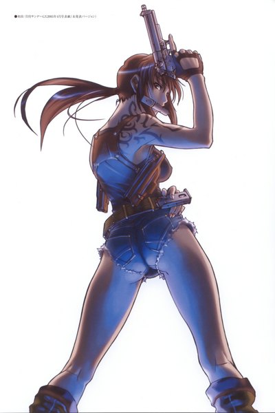 Anime picture 1330x1995 with black lagoon madhouse revy (black lagoon) hiroe rei single long hair tall image light erotic simple background brown hair standing white background bare shoulders brown eyes ass nail polish scan official art tattoo spread legs