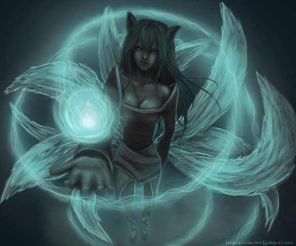 Anime picture 4815x4000 with league of legends ahri (league of legends) single looking at viewer highres breasts standing bare shoulders animal ears yellow eyes absurdres cleavage dark skin glowing multiple tails animal eyes girl detached sleeves boots