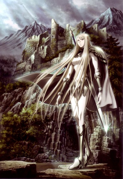 Anime picture 3118x4535 with claymore madhouse galatea long hair tall image highres blonde hair brown eyes absurdres mountain girl weapon plant (plants) sword tree (trees) boots armor cape castle