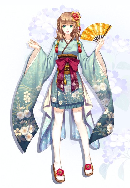 Anime picture 1000x1443 with original liluo (jinha) single long hair tall image open mouth brown hair green eyes traditional clothes japanese clothes girl thighhighs hair ornament white thighhighs kimono fan