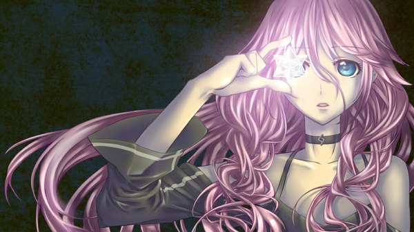 Anime picture 1000x562 with vocaloid ia (vocaloid) single looking at viewer fringe open mouth blue eyes wide image bare shoulders holding pink hair braid (braids) twin braids girl pendant crystal