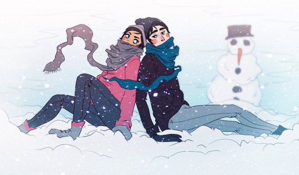 Anime picture 1280x749 with andrahilde blush short hair black hair brown hair wide image sitting couple snowing winter snow back to back girl boy scarf snowman