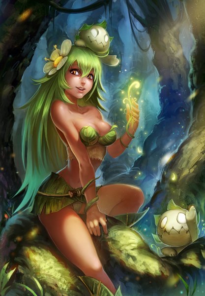 Anime picture 966x1390 with wakfu amalia wuguiex single long hair tall image looking at viewer highres breasts open mouth light erotic bare shoulders cleavage hair flower green hair lips orange eyes dark skin girl hair ornament