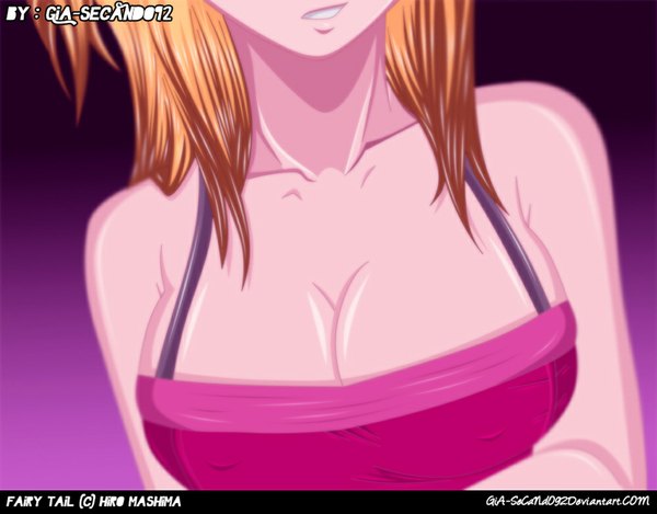 Anime picture 1000x783 with fairy tail lucy heartfilia seireiart single long hair breasts light erotic bare shoulders orange hair coloring close-up pink background girl dress