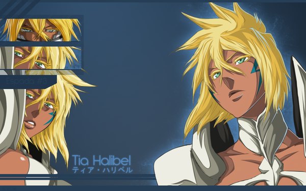 Anime picture 1280x800 with bleach studio pierrot tia harribel single short hair simple background blonde hair wide image green eyes inscription tattoo wallpaper blue background face face paint espada girl