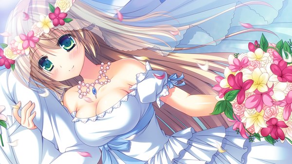 Anime picture 1280x720 with pure yome long hair blush blue eyes blonde hair smile wide image game cg couple wedding girl dress boy flower (flowers) petals bouquet wedding dress wedding veil