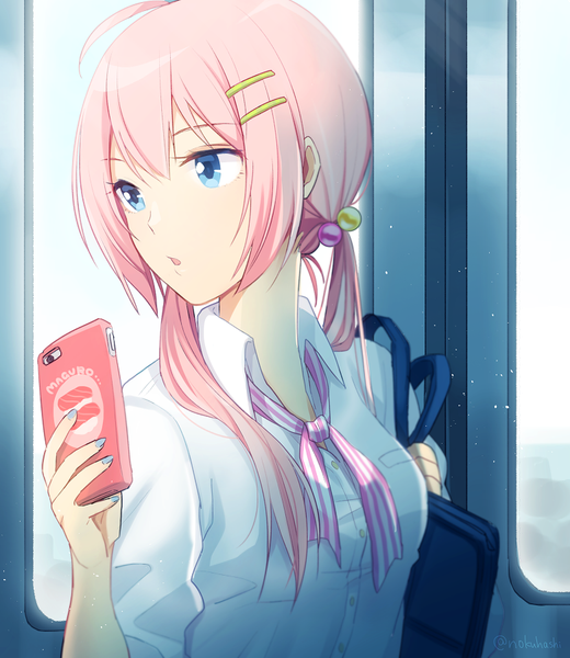 Anime picture 781x900 with vocaloid megurine luka nokuhashi single long hair tall image fringe short hair open mouth blue eyes hair between eyes twintails signed payot looking away pink hair upper body ahoge nail polish :o