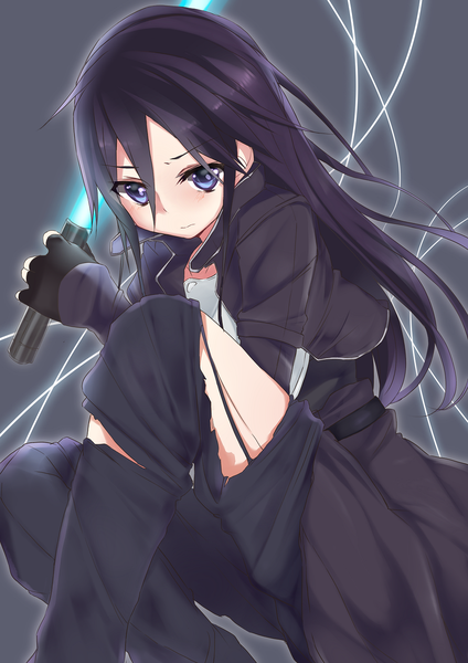 Anime picture 1000x1414 with sword art online a-1 pictures kirigaya kazuto haruyuki (yukichasoba) single long hair tall image looking at viewer blue eyes black hair simple background grey background boy weapon sword lightsaber