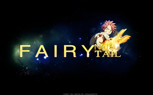 Anime picture 1920x1200 with fairy tail natsu dragneel highres smile wide image pink hair inscription tattoo copyright name black background space logo boy scarf star (stars) flame